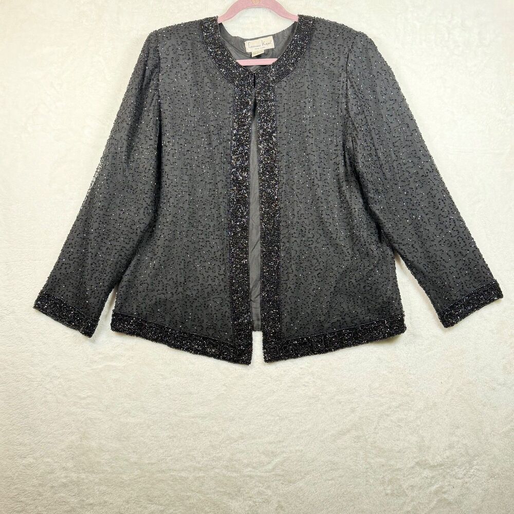 Vintage Laurence Kazar 1X Black 100% Silk Beaded Evening Jacket Plus Size